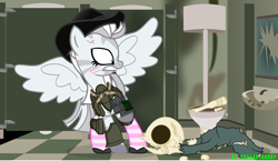 Size: 5264x3058 | Tagged: safe, artist:crystal-eclair, artist:vector-brony, imported from derpibooru, oc, oc only, oc:crystal eclair, zebra, zebrasus, fallout equestria, fallout equestria: influx, armor, bathroom, bone, clothes, dead, fanfic art, scared, skeleton, socks, solo, striped socks, terminator, toilet, vector, wings