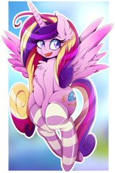 Size: 1275x1920 | Tagged: safe, artist:rariedash, imported from derpibooru, princess cadance, alicorn, pony, chest fluff, clothes, ear fluff, female, flying, looking sideways, mare, socks, solo, spread wings, striped socks, tongue out, wings