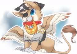 Size: 1880x1324 | Tagged: safe, artist:hiccupsdoesart, deleted from derpibooru, imported from derpibooru, oc, oc only, oc:galethegriffon, griffon, eared griffon, halloween, halloween costume, hat, pirate, pirate hat, sitting, solo