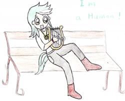 Size: 1416x1145 | Tagged: safe, anonymous artist, imported from derpibooru, lyra heartstrings, human, female, grin, happy, humanized, lyre, smiling, solo, tailed humanization, traditional art