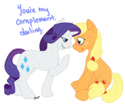 Size: 400x343 | Tagged: safe, artist:malamutts, imported from derpibooru, applejack, rarity, earth pony, pony, unicorn, bedroom eyes, blushing, dialogue, female, lesbian, mare, rarijack, shipping, simple background, smiling, white background