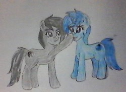 Size: 422x307 | Tagged: safe, artist:kenos, imported from derpibooru, oc, oc only, oc:kenos, oc:meno, earth pony, pony, unicorn, boop, tongue out, traditional art
