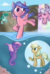 Size: 800x1185 | Tagged: safe, artist:prismaya, artist:starrenpiece, imported from derpibooru, applejack (g1), firefly, medley, sealight, twilight, sea pony, rescue at midnight castle, bubble, eyes closed, female, flying, g1, g1 to g4, g4, generation leap, mare, raised hoof, smiling, spread wings, underwater, water, wings