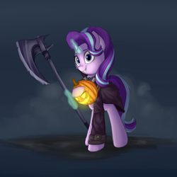 Size: 2000x2000 | Tagged: safe, artist:vanillaghosties, imported from derpibooru, starlight glimmer, pony, unicorn, axe, clothes, costume, ear fluff, female, glowing horn, grin, headless hecarim, hecarim, jack-o-lantern, league of legends, looking at you, magic, mare, nightmare night, pumpkin, smiling, solo, standing, telekinesis, weapon