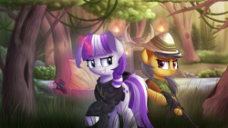 Size: 1920x1080 | Tagged: safe, artist:vanillaghosties, imported from derpibooru, daring do, twilight velvet, pegasus, pony, unicorn, series:daring did tales of an adventurer's companion, ak-47, assault rifle, bipedal, clothes, duo, fanfic, fanfic art, female, fire, forest, grass, grin, gun, hat, magic, map, mare, outdoors, raised hoof, rifle, smiling, standing, tree, weapon