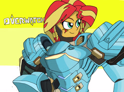 Size: 3872x2862 | Tagged: safe, artist:missmayaleanne, imported from derpibooru, part of a set, sunset shimmer, equestria girls, armor, crossover, female, overwatch, pharah, simple background, solo