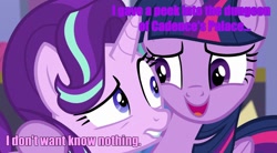 Size: 1280x709 | Tagged: safe, edit, edited screencap, imported from derpibooru, screencap, starlight glimmer, twilight sparkle, alicorn, pony, engrish, image macro, meme, misspelling, twilight sparkle (alicorn)