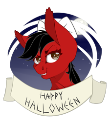 Size: 1800x2000 | Tagged: safe, artist:flita, imported from derpibooru, oc, oc only, vampire, big ears, bow, commission, cute, hair bow, halloween, large ears, smiling, smirk, solo, ych result