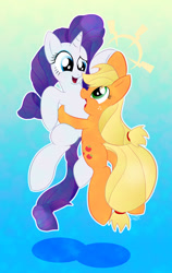 Size: 758x1200 | Tagged: safe, artist:stec-corduroyroad, imported from derpibooru, applejack, rarity, earth pony, pony, unicorn, bonding, cordy, female, happy, hoofbump, hug, jumping, lesbian, mare, open mouth, rarijack, shipping, smiling