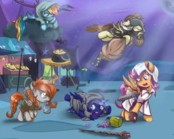 Size: 2500x2000 | Tagged: safe, artist:redheadfly, imported from derpibooru, pound cake, rainbow dash, scootaloo, oc, oc:blazing sky, oc:lucky fly, pegasus, pony, dungeons and discords, armor, assassin's creed, bag, clothes, cloud, costume, flying, food, mouth hold, nightmare night, nightmare night costume, older, pie, rainbow rogue