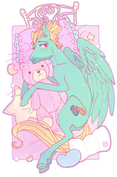 Size: 536x807 | Tagged: safe, artist:pasikon, imported from derpibooru, zephyr breeze, pegasus, pony, bed, cute, looking at you, male, pillow, pixiv, plushie, solo, stallion, stars, teddy bear, zephyrbetes