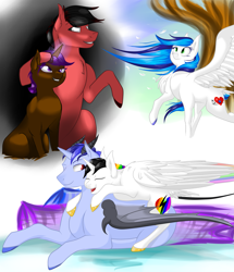 Size: 1771x2059 | Tagged: safe, artist:schokocream, imported from derpibooru, oc, oc only, oc:aeon of dreams, oc:eliyora, oc:lightning bliss, oc:sapphire heart song, oc:toonkriticy2k, alicorn, bat pony, pegasus, pony, unicorn, alicorn oc, bat pony oc, bat wings, blue hair, cutie mark, female, glowing horn, hatless, horn, hug, lying down, male, mare, missing accessory, multicolored hair, pegasus oc, petting, prone, purple hair, rainbow, red and black oc, sleeping, stallion, tree, wings