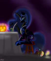 Size: 5000x6000 | Tagged: safe, artist:moobew, imported from derpibooru, nightmare moon, bat, absurd resolution, candle, candy, dark, drink, female, food, halloween, jack-o-lantern, lollipop, nightmare night, pumpkin, pumpkin bucket, signature, sitting, solo, stool, table