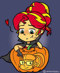 Size: 1280x1536 | Tagged: safe, artist:waitingforshow, imported from derpibooru, sci-twi, sunset shimmer, twilight sparkle, vampire, equestria girls, alternate clothes, alternate costumes, alternate hairstyle, blushing, female, halloween, halloween costume, heart, holiday, jack-o-lantern, lesbian, pumpkin, scitwishimmer, shipping, sunsetsparkle