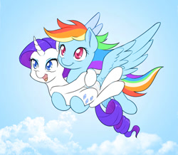 Size: 1000x872 | Tagged: safe, artist:dstears, color edit, edit, imported from derpibooru, rainbow dash, rarity, pegasus, pony, unicorn, carrying, cloud, colored, cute, dashabetes, female, flying, lesbian, mare, open mouth, raribetes, raridash, shipping, sky, smiling