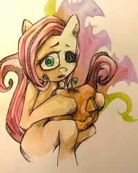 Size: 1080x1348 | Tagged: safe, artist:awk44, imported from derpibooru, fluttershy, semi-anthro, female, halloween, holding, holiday, jack-o-lantern, looking at you, mismatched eyes, open mouth, pumpkin, sitting, solo, traditional art