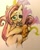 Size: 1080x1348 | Tagged: safe, artist:awk44, imported from derpibooru, fluttershy, semi-anthro, female, halloween, holding, holiday, jack-o-lantern, looking at you, mismatched eyes, open mouth, pumpkin, sitting, solo, traditional art