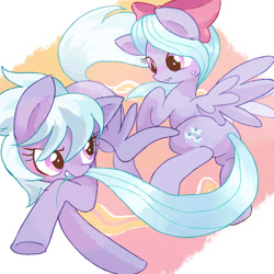 Size: 1000x1000 | Tagged: safe, artist:masa_0006, imported from derpibooru, cloudchaser, flitter, pony, blushing, butt touch, feathermarking, grin, pixiv, scrunchy face, smiling, sweatdrop, tail, tail pull