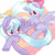 Size: 1000x1000 | Tagged: safe, artist:masa_0006, imported from derpibooru, cloudchaser, flitter, pony, blushing, butt touch, feathermarking, grin, pixiv, scrunchy face, smiling, sweatdrop, tail, tail pull