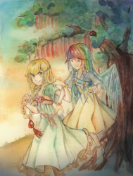 Size: 2263x2991 | Tagged: safe, artist:signiroha, imported from derpibooru, applejack, rainbow dash, human, :t, appledash, bracelet, clothes, dress, female, humanized, jewelry, lesbian, pixiv, rainbow dash always dresses in style, shipping, traditional art, watercolor painting, winged humanization, wings