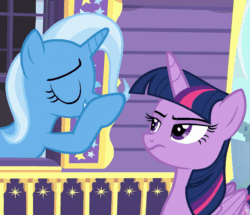 Size: 629x540 | Tagged: safe, imported from derpibooru, screencap, trixie, twilight sparkle, alicorn, pony, unicorn, to where and back again, animated, blinking, boop, eyes closed, female, frown, gif, glare, loop, mare, non-consensual booping, nose wrinkle, open mouth, smiling, talking, twilight sparkle (alicorn), wide eyes
