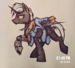 Size: 606x543 | Tagged: safe, artist:absentia, imported from derpibooru, oc, oc only, oc:absentia crash, oc:red peacemaker, bat pony, pony, amputee, carrying, duo, prosthetic limb, prosthetics, scar, sleeping, traditional art