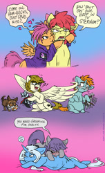 Size: 851x1400 | Tagged: safe, artist:kaemantis, imported from derpibooru, apple bloom, maud pie, ripley, scootaloo, snips, trixie, zippoorwhill, dog, pony, unicorn, bb-8, captain phasma, clothes, female, general grievous, lesbian, licking, mauxie, older, older apple bloom, older scootaloo, pregnant, scootabloom, shipping, snippoorwhill, star wars, tongue out, toy, wing shove