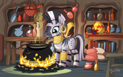 Size: 2560x1600 | Tagged: safe, artist:mysticalpha, imported from derpibooru, zecora, zebra, cauldron, female, fire, flower, jar, mouth hold, solo, table, zecora's hut