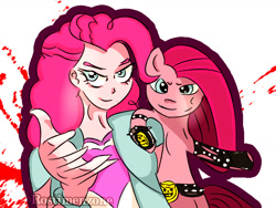 Size: 1440x1080 | Tagged: safe, artist:rostimen, imported from derpibooru, pinkamena diane pie, pinkie pie, equestria girls, blood, digital art, equestria girls ponified, jojo's bizarre adventure, killer queen, ponified, yoshikage kira