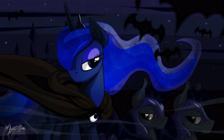 Size: 2560x1600 | Tagged: safe, artist:mysticalpha, imported from derpibooru, princess luna, bat, bat pony, pony, cloak, clothes, hair over one eye, lidded eyes, night guard