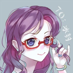 Size: 600x600 | Tagged: safe, artist:usami, imported from derpibooru, rarity, equestria girls, female, glasses, glasses rarity, nail polish, pixiv, playing with hair, smiling, solo