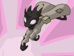 Size: 800x600 | Tagged: safe, artist:kazerad, imported from derpibooru, oc, oc only, oc:busy buzz, butterfly, changeling, changeling oc, clothes, gif, lab coat, non-animated gif, pink changeling, rags, saddle bag, simple background, solo, torn clothes