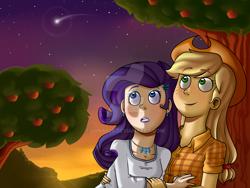 Size: 1024x768 | Tagged: safe, artist:luna829, imported from derpibooru, applejack, rarity, human, apple tree, applejack's hat, cowboy hat, embrace, female, hat, humanized, lesbian, open mouth, rarijack, shipping, shooting star, smiling, stars, sunset, tree, watermark