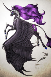 Size: 632x960 | Tagged: safe, artist:begasus, imported from derpibooru, nightmare moon, classical unicorn, cloven hooves, curved horn, female, flying, leonine tail, solo, unshorn fetlocks