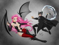 Size: 2786x2153 | Tagged: safe, artist:shinta-girl, imported from derpibooru, fluttershy, oc, bat pony, vampire, equestria girls, alternative cutie mark placement, armor, bat ears, bat wings, belly button, boots, breasts, cape, clothes, commission, couple, crest, fangs, female, fight, fingernails, flutterbat, hammer, humanized, lightning, lipstick, race swap, signature, smiling, socks, thigh highs, transparent wings, warrior, white eyes