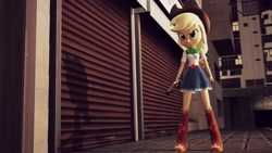 Size: 1920x1080 | Tagged: safe, artist:razethebeast, imported from derpibooru, applejack, equestria girls, 3d, angry, boots, building, city, clothes, cowboy hat, denim skirt, female, freckles, gun, hat, scenery, shoes, sidewalk, skirt, solo, source filmmaker, stetson, weapon