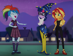 Size: 5829x4481 | Tagged: safe, artist:invisibleink, imported from derpibooru, rainbow dash, sci-twi, star swirl the bearded, sunset shimmer, twilight sparkle, equestria girls, absurd resolution, clothes, costume, crystal prep academy uniform, grease, halloween, halloween costume, rainbow punk, school uniform, star swirl the bearded costume