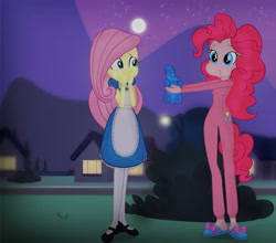 Size: 5084x4481 | Tagged: safe, artist:invisibleink, imported from derpibooru, fluttershy, pinkie pie, equestria girls, absurd resolution, alice, alice in wonderland, blue dress, clothes, dress, eating, gummy bear, halloween, halloween costume