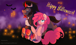 Size: 1023x614 | Tagged: safe, artist:evange, imported from derpibooru, king sombra, pinkie pie, bat, clothes, duo, nightmare night, socks, striped socks, underhoof