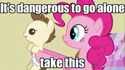 Size: 1100x618 | Tagged: safe, edit, edited screencap, imported from derpibooru, screencap, pinkie pie, pound cake, baby cakes, image macro, it's dangerous to go alone, meme, the legend of zelda