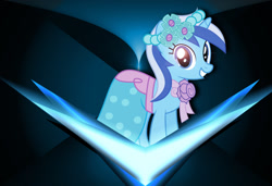 Size: 1400x960 | Tagged: safe, artist:exnaider, artist:mysteriouskaos, imported from derpibooru, minuette, pony, unicorn, bridesmaid dress, clothes, dress, female, flower, glow, glowing, lens flare, looking at you, mare, solo, vector, wallpaper