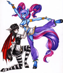 Size: 1024x1189 | Tagged: safe, artist:divinekitten, imported from derpibooru, oc, oc only, oc:grim rose, oc:joy stick, anthro, bat pony, earth pony, unguligrade anthro, anthro oc, armpits, breasts, cleavage, clothes, costume, duo, duo female, female, maid, pigtails, socks, striped socks, traditional art, twintails, unshorn fetlocks
