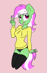 Size: 694x1073 | Tagged: safe, artist:dativyrose, artist:sweetfilthyfun, imported from derpibooru, oc, oc only, oc:mint condition, anthro, black underwear, clothes, hoodie, peace sign, socks, solo, tongue out, underwear, watermark