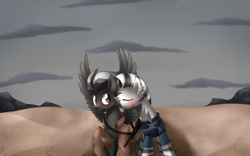 Size: 1024x640 | Tagged: safe, imported from derpibooru, oc, oc only, oc:haefen, oc:technosawr, zebra, fallout equestria, blushing, eyes closed, gay, kissing, male, spread wings, surprise kiss, surprised