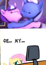 Size: 517x728 | Tagged: safe, imported from derpibooru, fluttershy, starlight glimmer, trixie, pony, unicorn, 3d, 3d model, computer, female, kiss on the lips, kissing, lesbian, mare, oh my, shipping, startrix