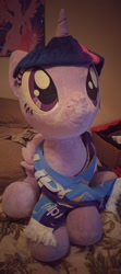 Size: 531x1200 | Tagged: safe, artist:plushwaifus, imported from derpibooru, photographer:corpulentbrony, twilight sparkle, twilight sparkle (alicorn), alicorn, pony, /mlp/, 4chan cup, 4chan cup scarf, bed, clothes, irl, life size, photo, plushie, scarf, solo