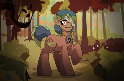 Size: 2393x1557 | Tagged: safe, artist:boneswolbach, artist:drawponies, imported from derpibooru, oc, oc only, oc:pumpkin spice, bandage, forest, male, raised hoof, scenery, solo