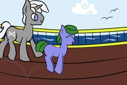 Size: 1200x800 | Tagged: safe, artist:saria the frost mage, imported from derpibooru, oc, oc only, oc:clover patch, oc:silverwind (a foal's adventure), pony, seagull, unicorn, a foal's adventure, adult, bouncing, child, cloud, color, cutie mark, cyoa, female, filly, foal, horn, mage, male, ocean, pirate, pirate ship, railing, ship, sky, smiling, stallion, story included