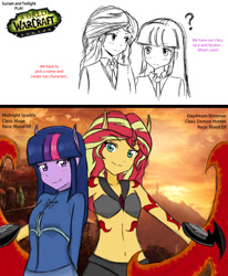 Size: 1072x1299 | Tagged: safe, artist:angeltorchic, imported from derpibooru, sunset shimmer, twilight sparkle, blood elf, elf, equestria girls, belly button, clothes, comic, crossover, cute, demon hunter, dialogue, elf ears, lineart, mage, midriff, smiling, twiabetes, twilight sparkle (alicorn), warcraft, weapon, world of warcraft