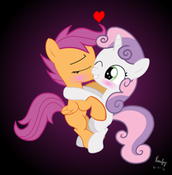 Size: 4500x4565 | Tagged: safe, artist:ruxify, imported from derpibooru, scootaloo, sweetie belle, absurd resolution, cheek kiss, cute, female, heart, kiss on the cheek, kissing, lesbian, scootabelle, shipping, show accurate, vector